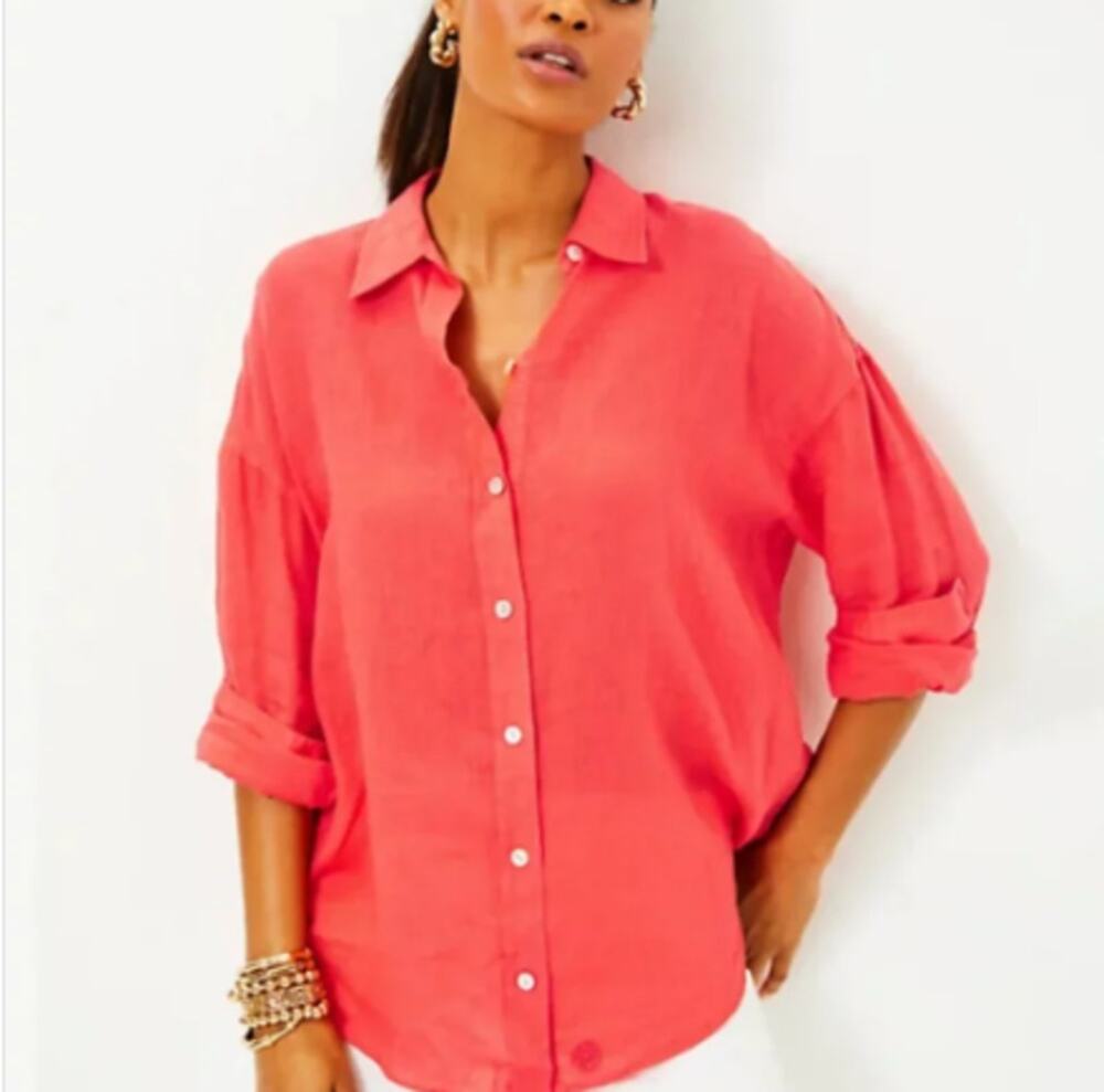 Lilly Pulitzer Stevey Relaxed Button-Down 100% Linen Shirt Size XL Coral Pink